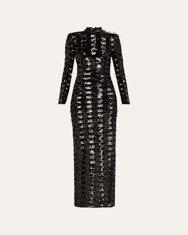 Three-Button Sequin Embroidered Backless Gown